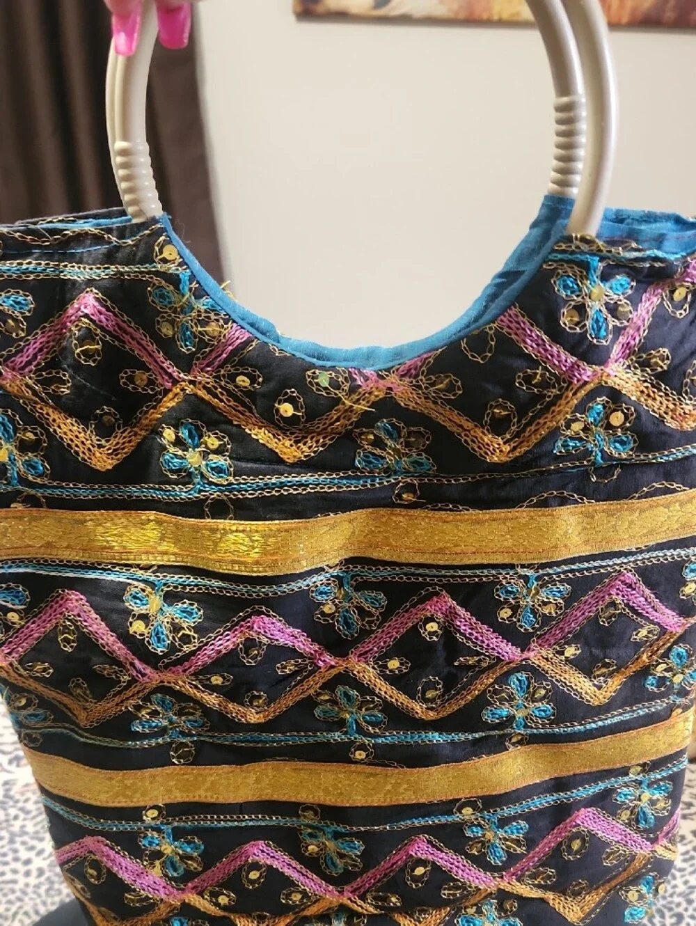 Homemade Black Embroidered Boho Bag with Gold, Pink and Blue Accents